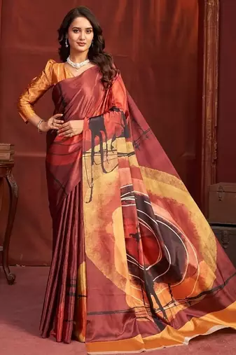 rust orange premium printed saree with blouse