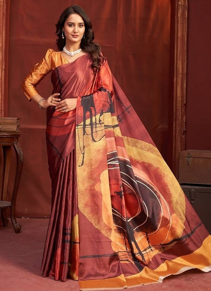 rust orange premium printed saree with blouse
