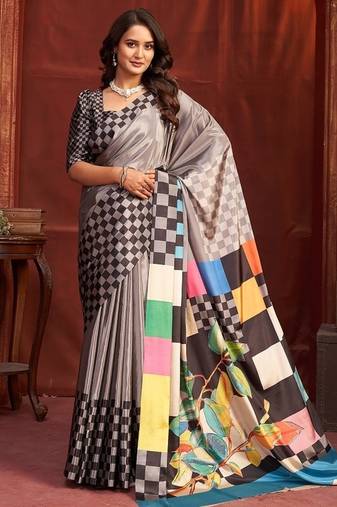 steel grey premium printed saree with blouse