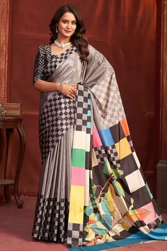 steel grey premium printed saree with blouse