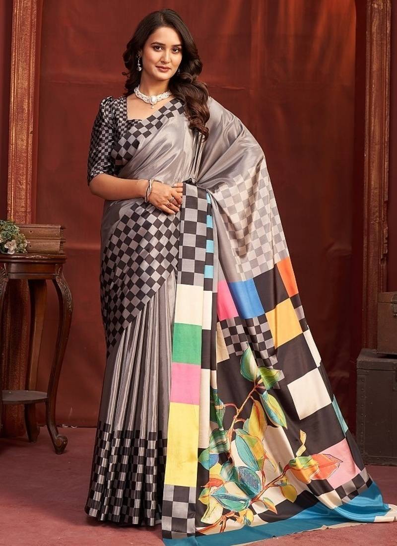 steel grey premium printed saree with blouse