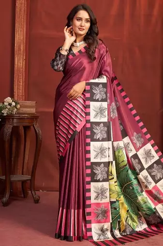 crimson red premium printed saree with blouse