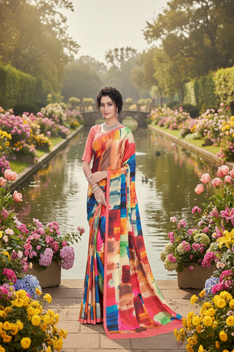 multicolor premium printed saree with blouse