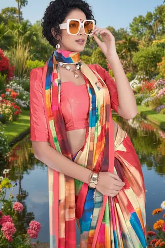 multicolor  printed saree with blouse
