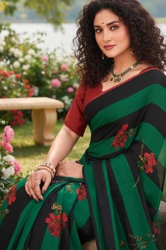 green premium printed saree with blouse