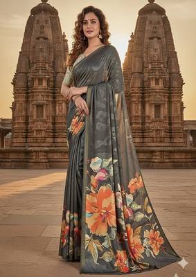 grey  printed saree with blouse 1