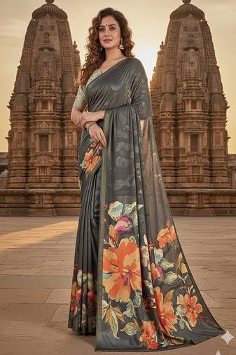 grey premium printed saree with blouse