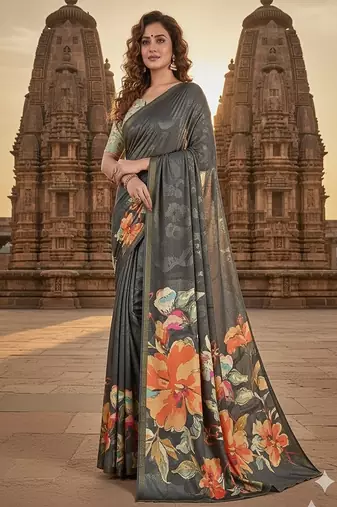 grey premium printed saree with blouse