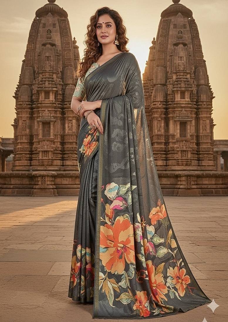 grey premium printed saree with blouse