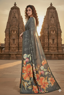 grey  printed saree with blouse 2