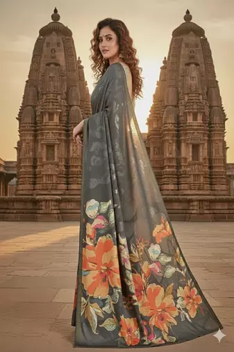 grey  printed saree with blouse