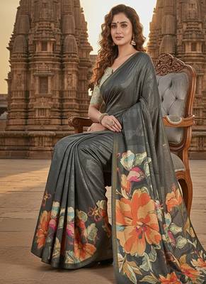 grey  printed saree with blouse 3