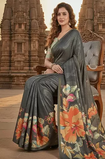 grey  printed saree with blouse