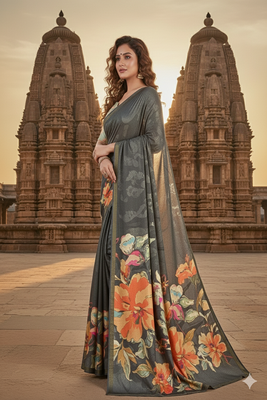 grey  printed saree with blouse 4