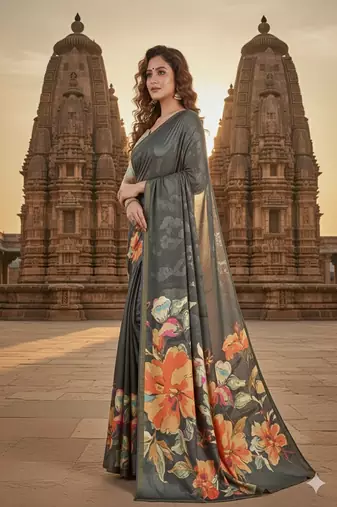 grey  printed saree with blouse