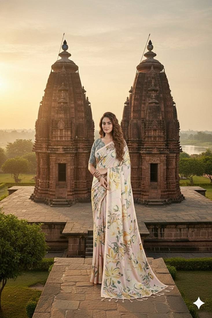 Cream premium printed saree with blouse