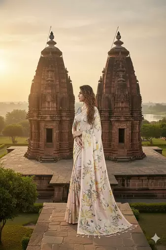 Cream  printed saree with blouse