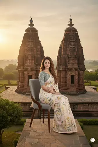 Cream  printed saree with blouse