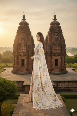 Cream  printed saree with blouse 4