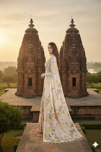 Cream  printed saree with blouse