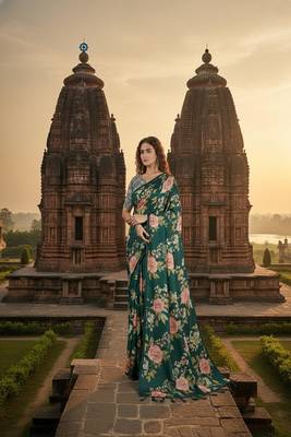 Green  printed saree with blouse 1