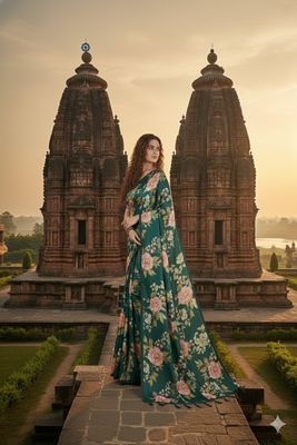 Green  printed saree with blouse 2