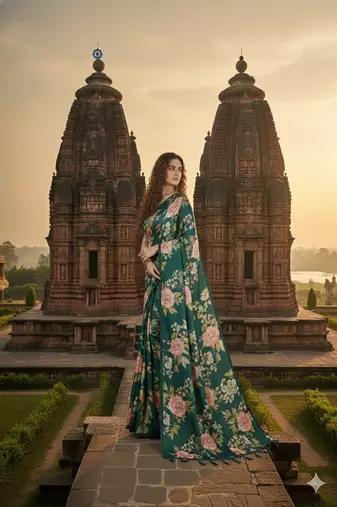 Green  printed saree with blouse