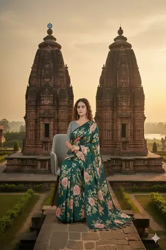 Green  printed saree with blouse