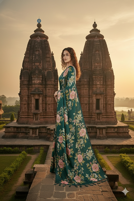 Green  printed saree with blouse 4