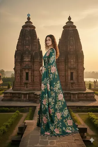 Green  printed saree with blouse
