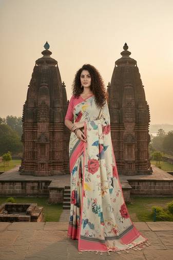 off white premium printed saree with blouse