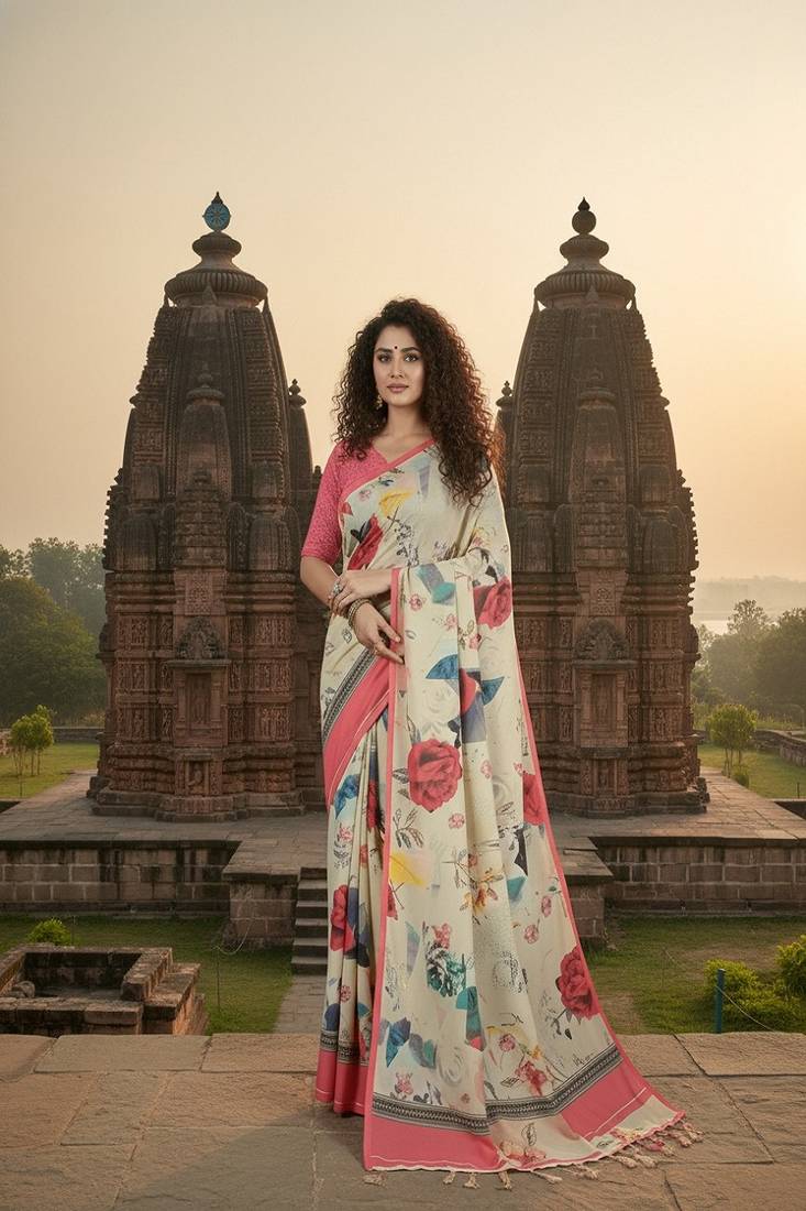 off white premium printed saree with blouse