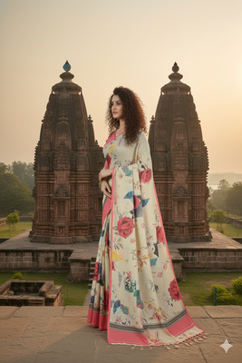 off white  printed saree with blouse 2