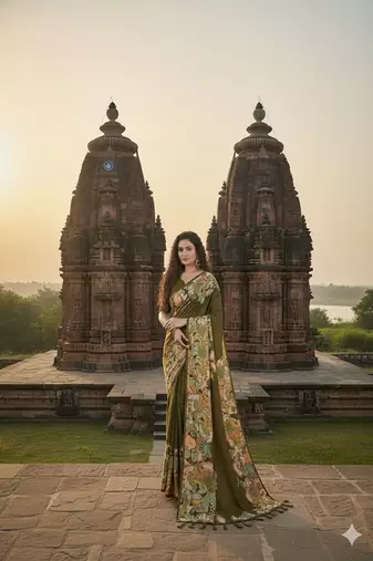 mehndi green premium printed saree with blouse
