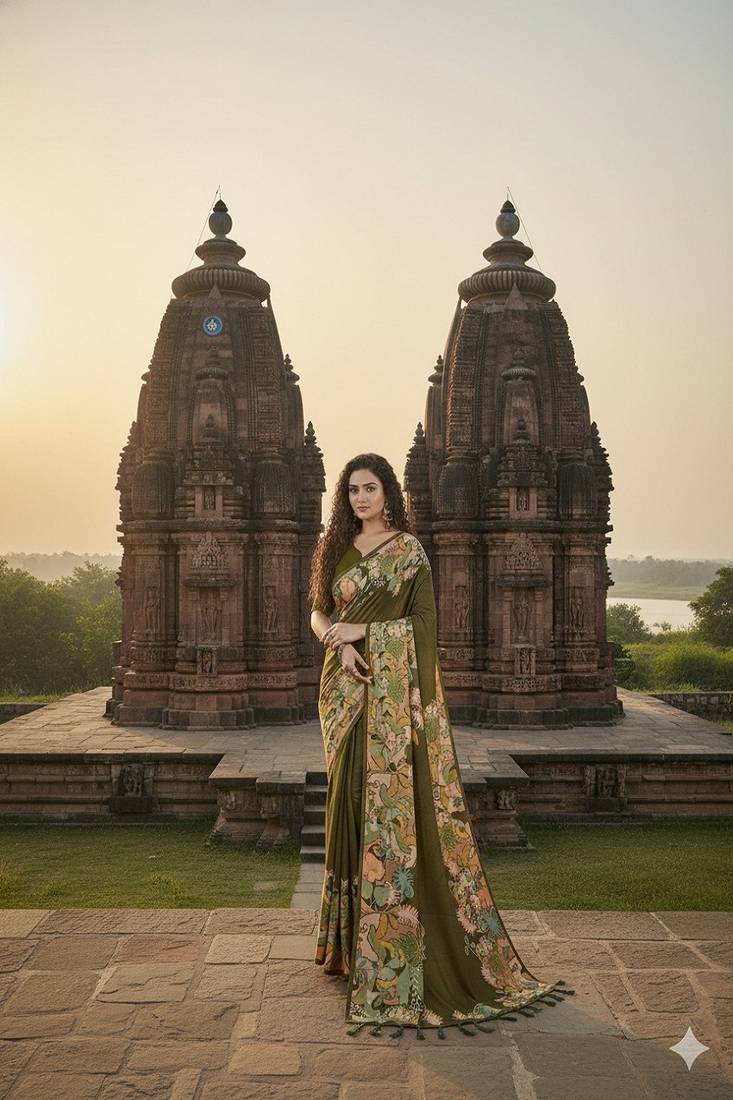 mehndi green premium printed saree with blouse