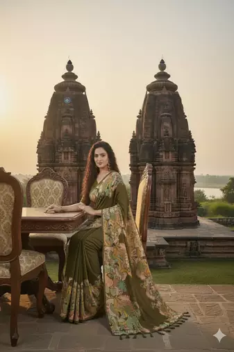 mehndi green  printed saree with blouse