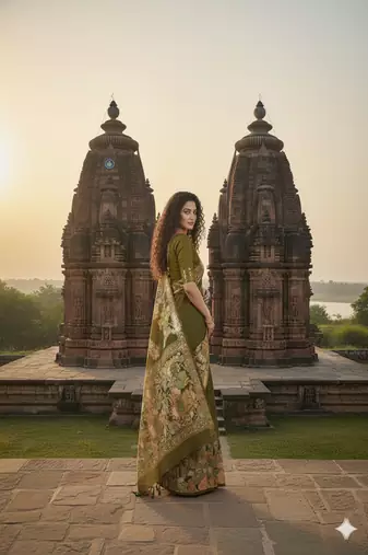mehndi green  printed saree with blouse