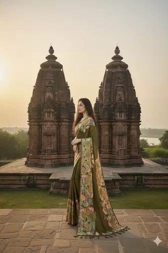 mehndi green  printed saree with blouse