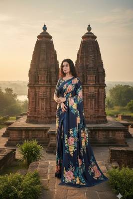 blue  printed saree with blouse 1