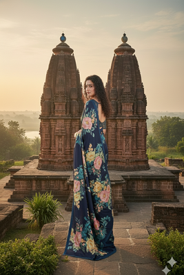 blue  printed saree with blouse 2