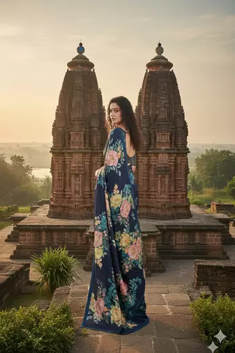 blue  printed saree with blouse