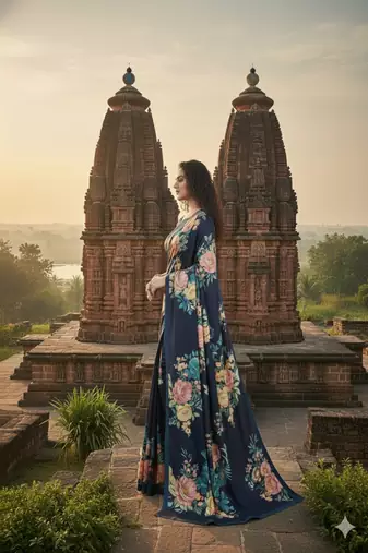 blue  printed saree with blouse