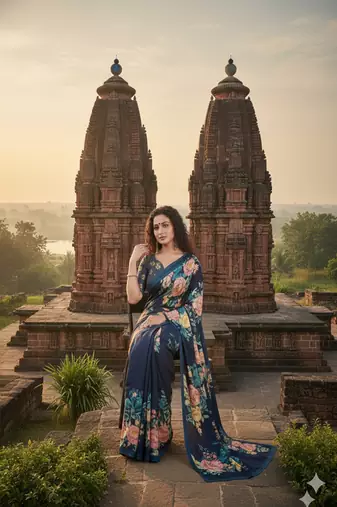 blue  printed saree with blouse