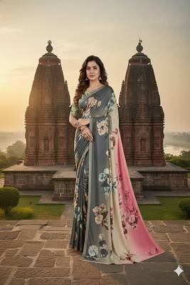 Grey  printed saree with blouse 1