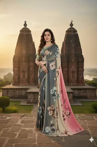 Grey premium printed saree with blouse