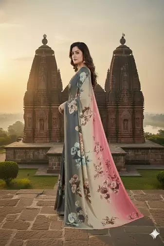 Grey  printed saree with blouse