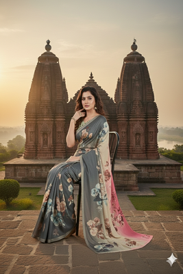 Grey  printed saree with blouse 3