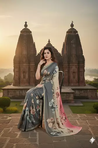Grey  printed saree with blouse