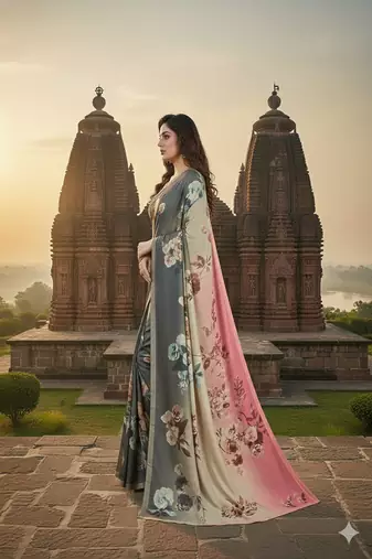 Grey  printed saree with blouse