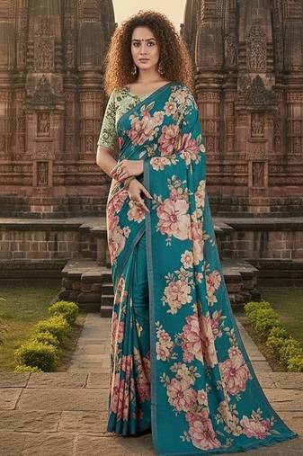 Teal Blue premium printed saree with blouse